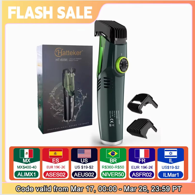 Cordless Men Beard Trimmer Rechargeable Electric Shaver Trim Built-In Vacuum Clipper for Mustache Sideburns Grooming Kit