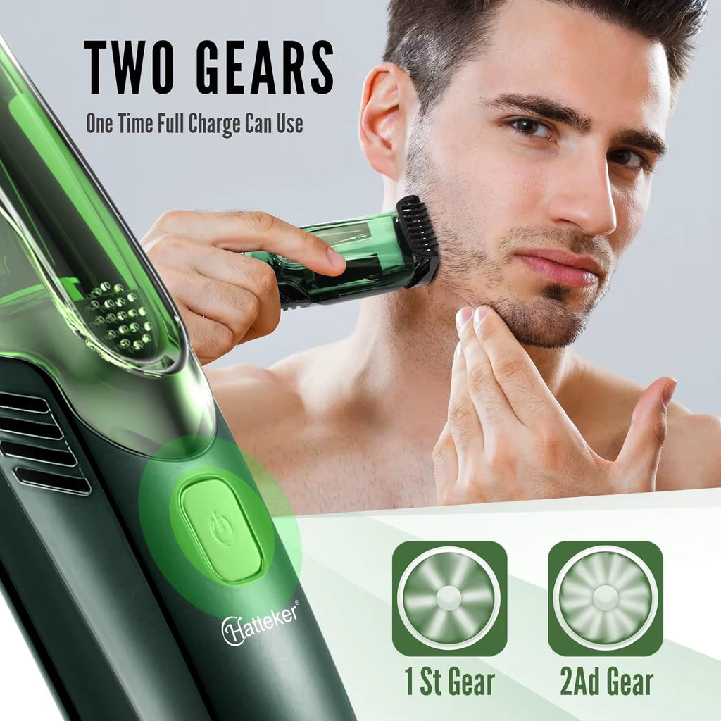 Cordless Men Beard Trimmer Rechargeable Electric Shaver Trim Built-In Vacuum Clipper for Mustache Sideburns Grooming Kit