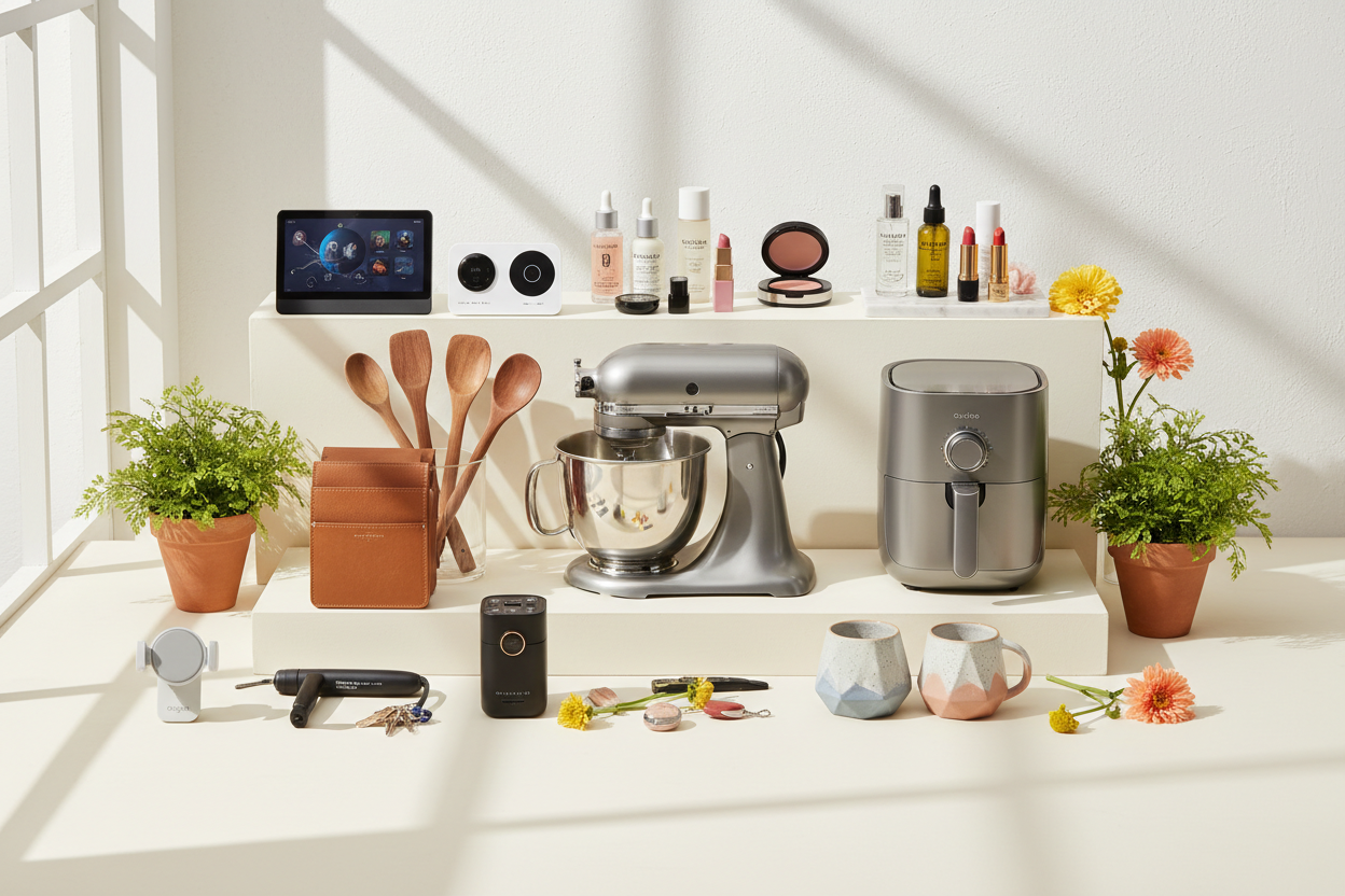 bright image showing home gadgets, beauty items, kitchen tools and car accessories