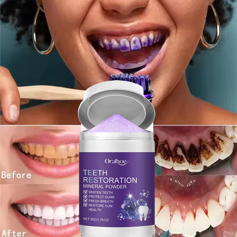 Teeth Restoration Mineral Powder Tooth Whiter Remove Stain Oral Clean Fresh Breath Improve Smell Purple Bleaching Toothpaste